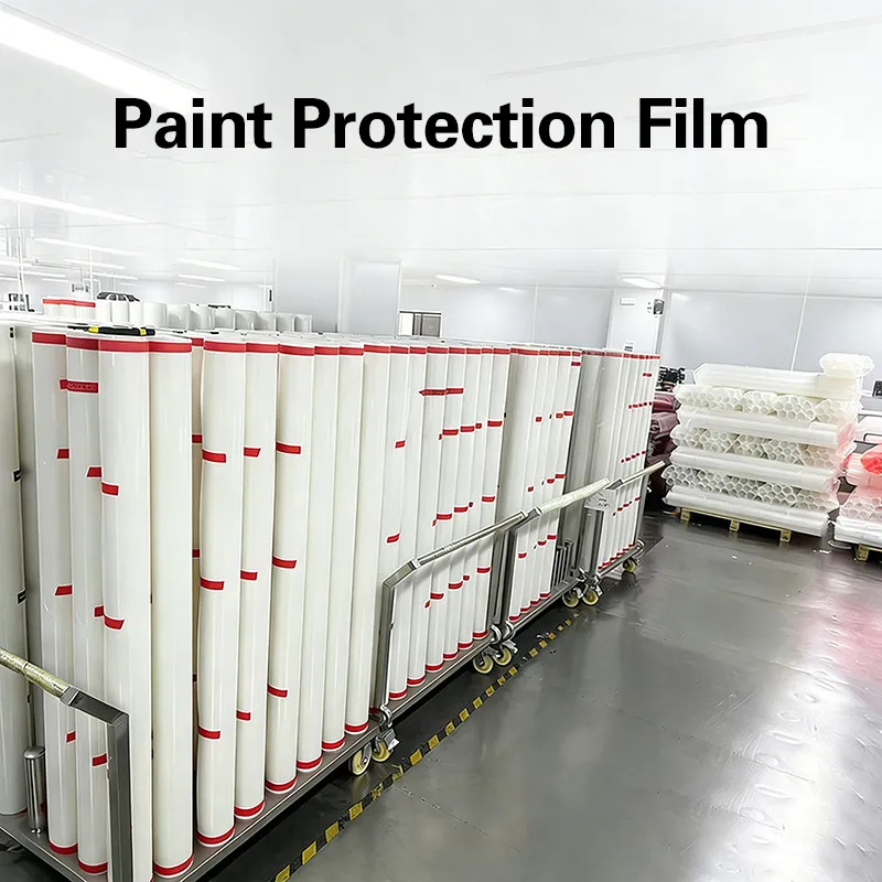 Paint protection film rolls in factory warehouse