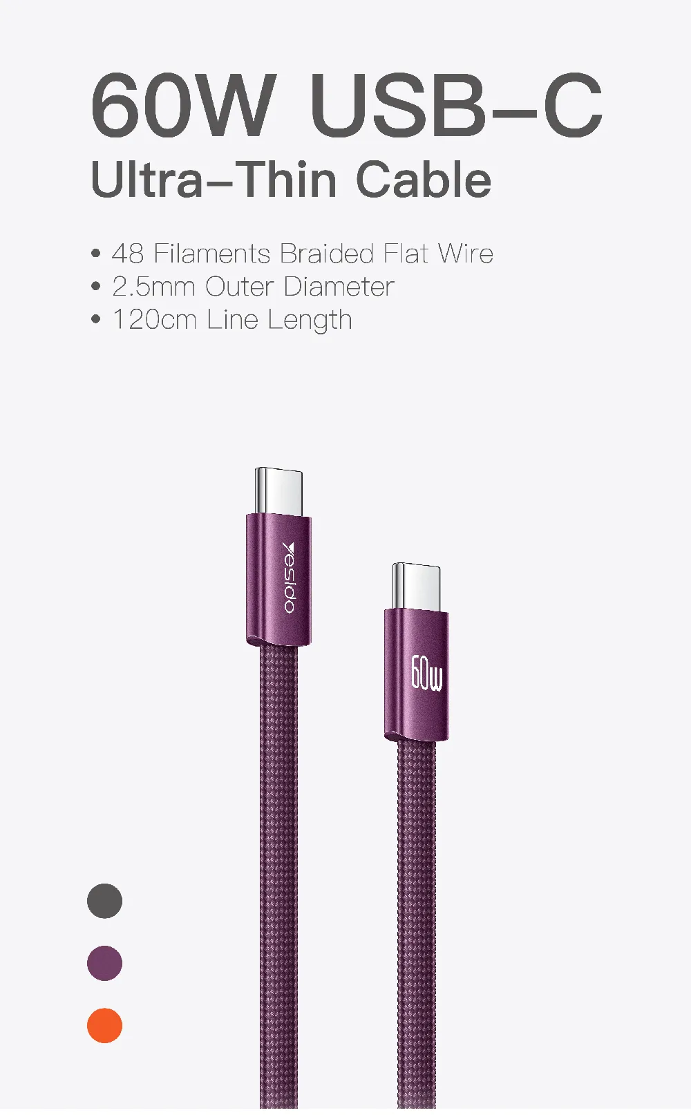 60W USB-C ultra-thin charging cable