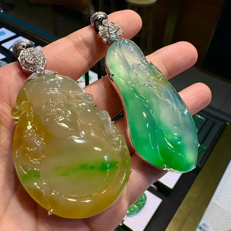Yellow Carved & Green Gourd Pendants