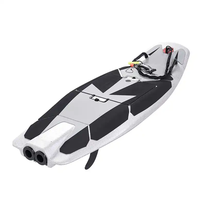 Silver white motorized surfboard studio shot