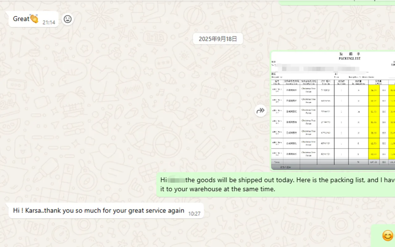 Packing list appreciation message on WhatsApp