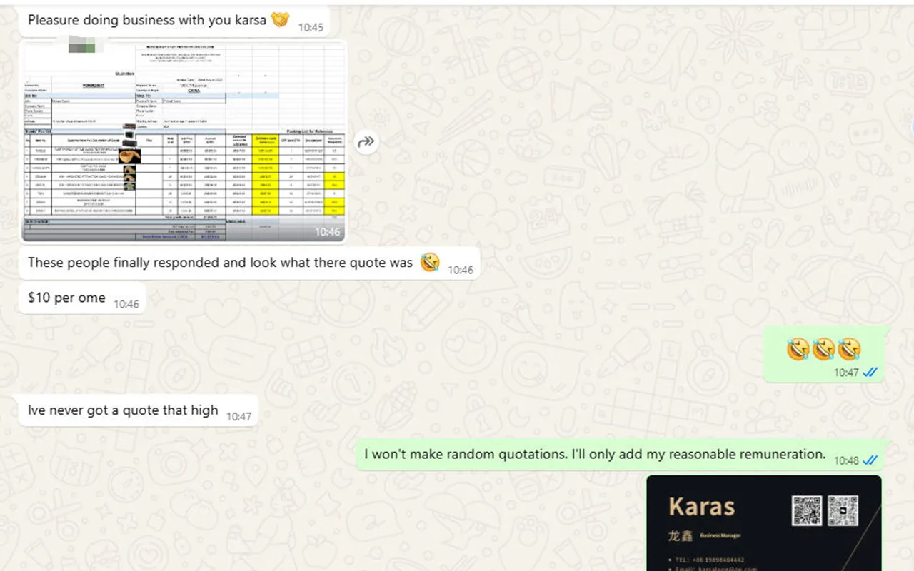 Client review - comparing overpriced quote vs transparent pricing on WhatsApp