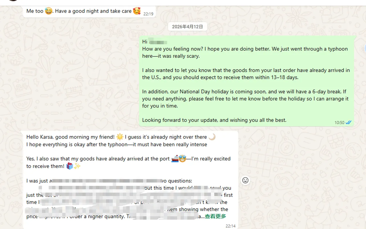 Typhoon care message and shipment arrival update on WhatsApp
