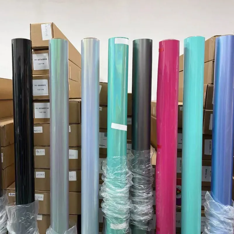 Wholesale color PPF rolls in multiple colors — black, grey, cyan, green, pink, blue automotive film from China