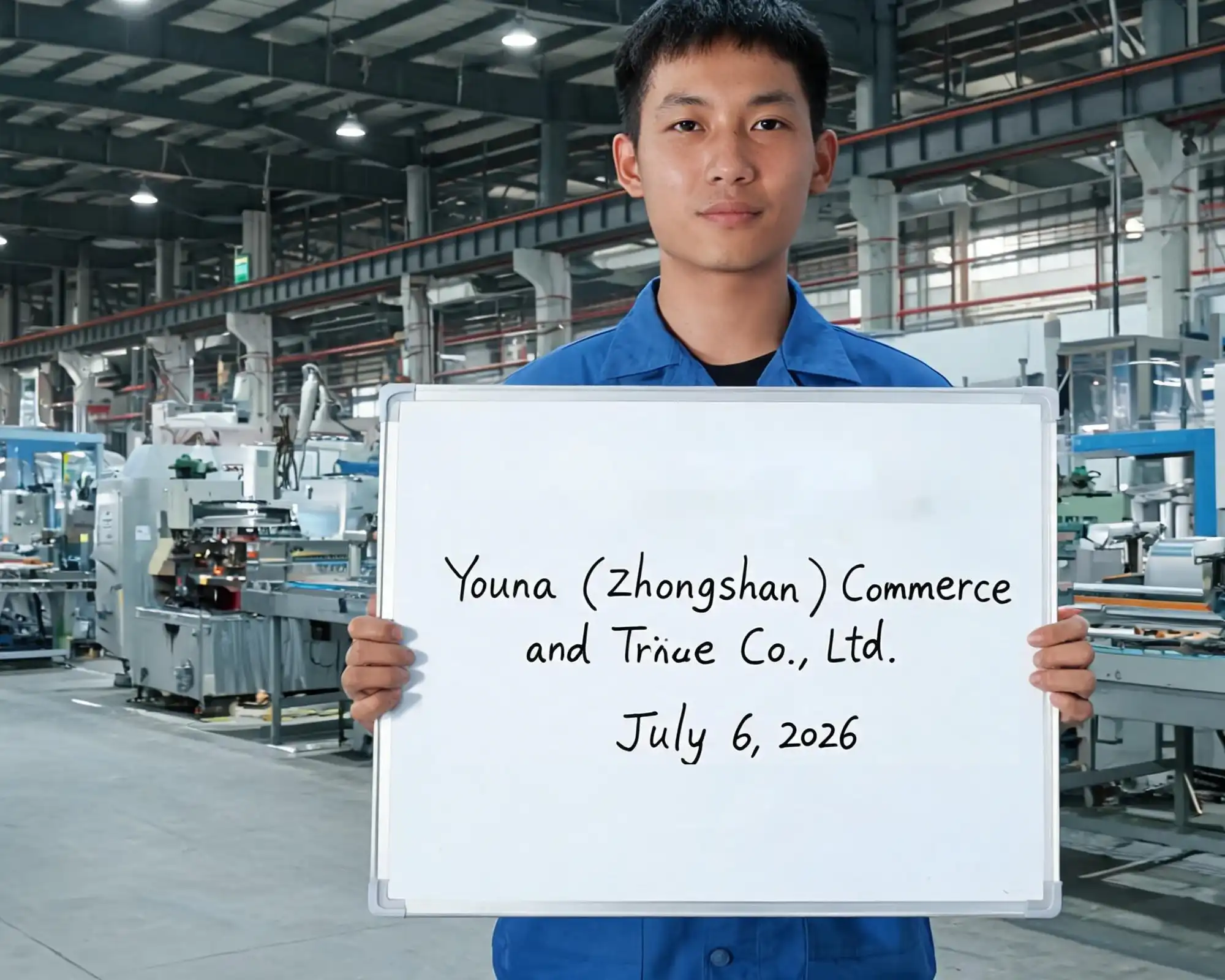Karsa holding a time-stamped whiteboard inside a Guangdong PPF factory, production line visible behind